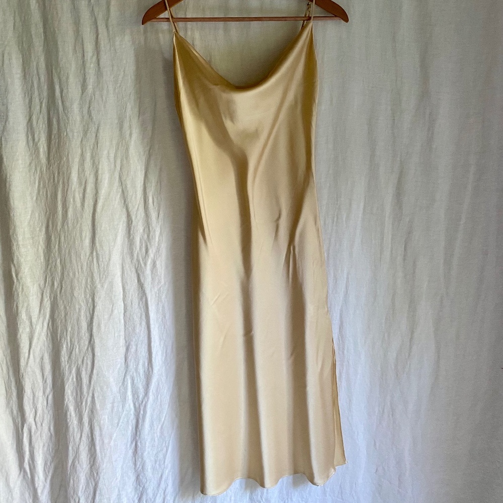 Endless Blu Silky Maxi Slip Dress Sz Med Draped Neckline Cafe Latte Minimalist